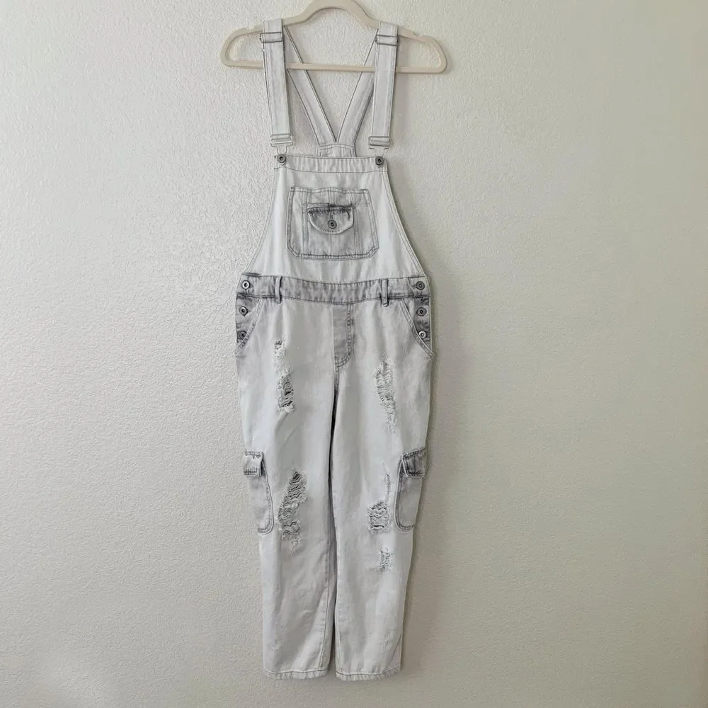 Zara Basic Bleach Distressed Cargo Style Jeans Overalls, Sz Small - Picture 2 of 15